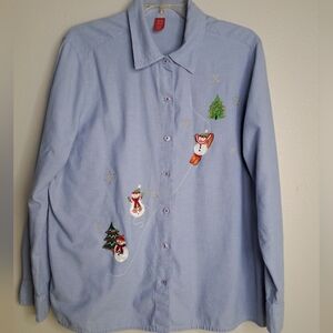 Christmas Snowmen Button-Down Cotton Shirt Women's XL Blue Embroidered Long Slv